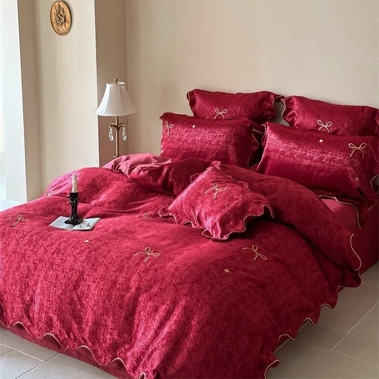 Satin Bedding Set Silky Velvet Four-Piece Bow Embroidery