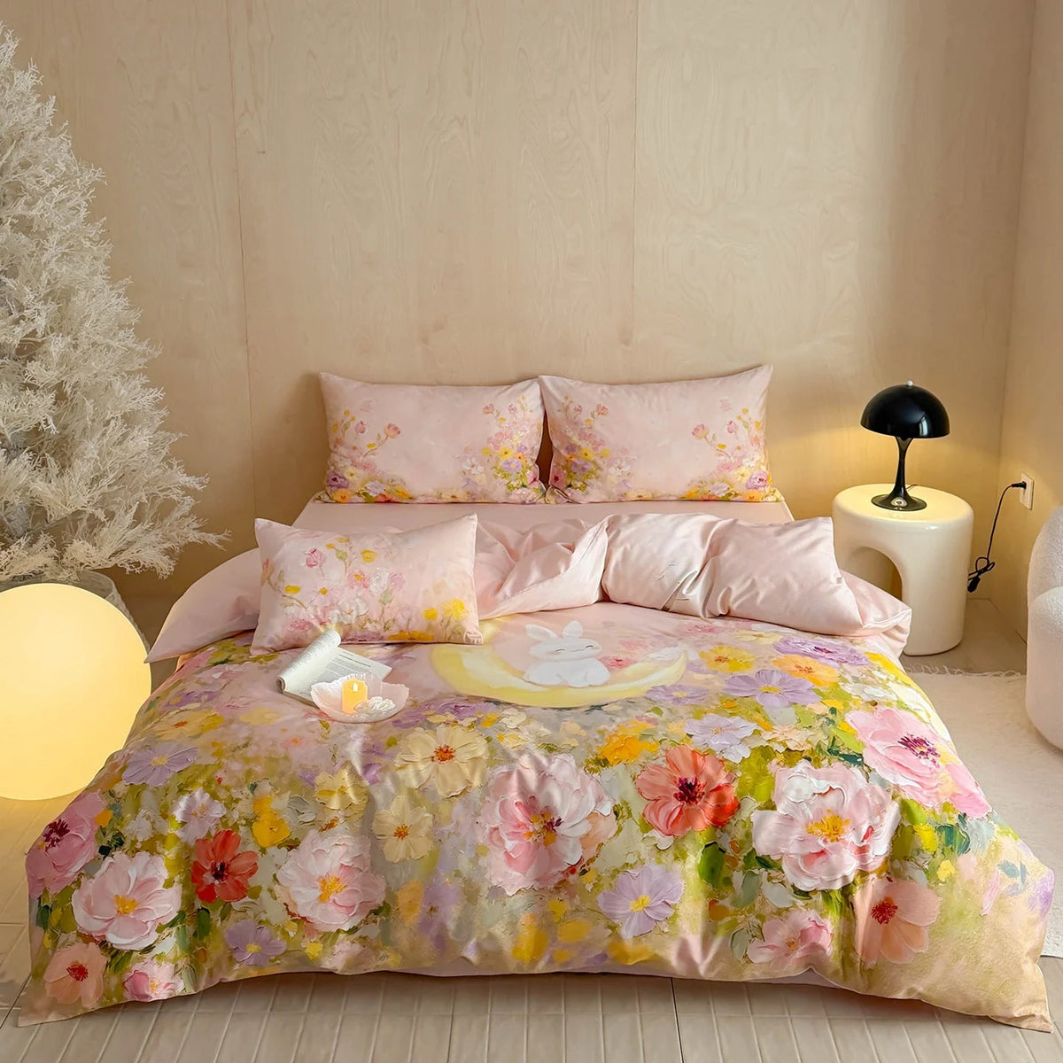 Satin Bedding Set Watercolor Floral Rabbit Print