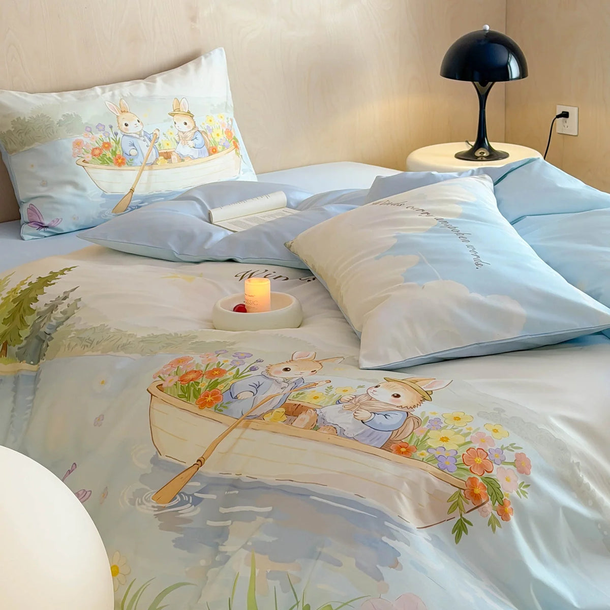 Satin Bedding Set Watercolor Floral Rabbit Print