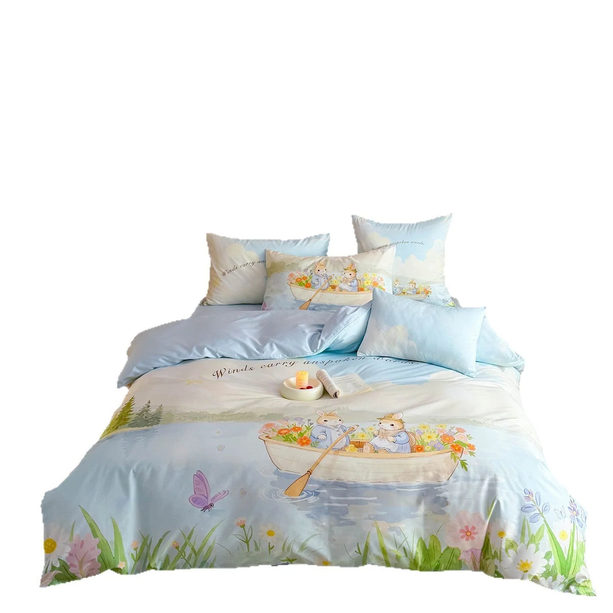 Satin Bedding Set Watercolor Floral Rabbit Print