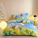 Satin Bedding Set Watercolor Floral Rabbit Print