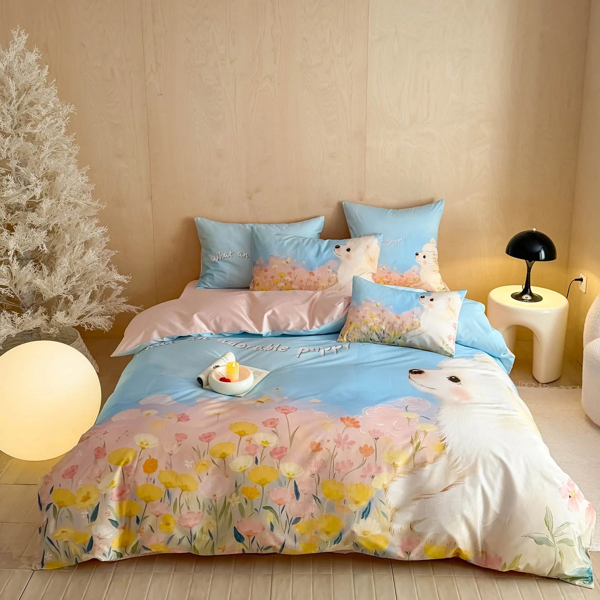 Satin Bedding Set Watercolor Floral Rabbit Print