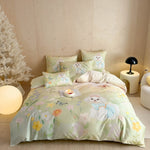 Satin Bedding Set Watercolor Floral Rabbit Print