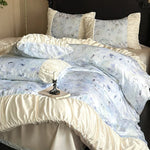 Satin Bedding Set Watercolor Floral Ruffled Edges Machine Washable