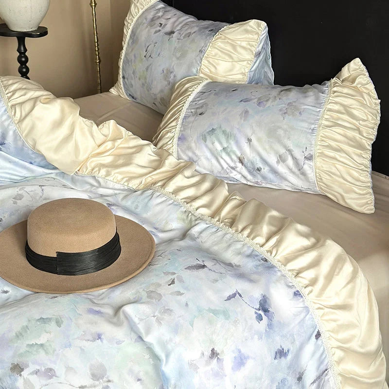 Satin Bedding Set Watercolor Floral Ruffled Edges Machine Washable