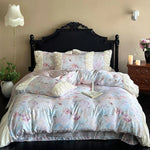 Satin Bedding Set Watercolor Floral Ruffled Edges Machine Washable