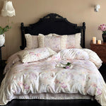 Satin Bedding Set Watercolor Floral Ruffled Edges Machine Washable