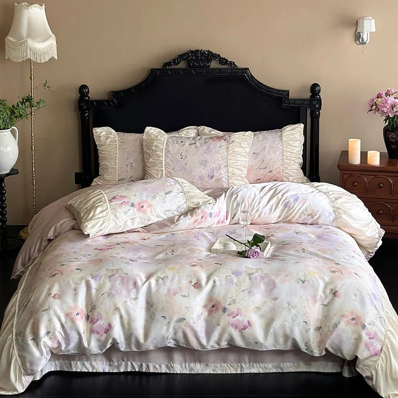 Satin Bedding Set Watercolor Floral Ruffled Edges Machine Washable