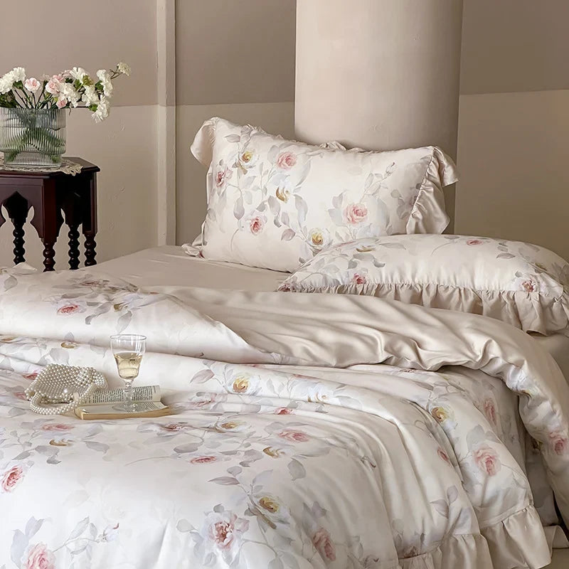 Satin Bedding Set Watercolor Rose Ruffled Shams Machine Washable