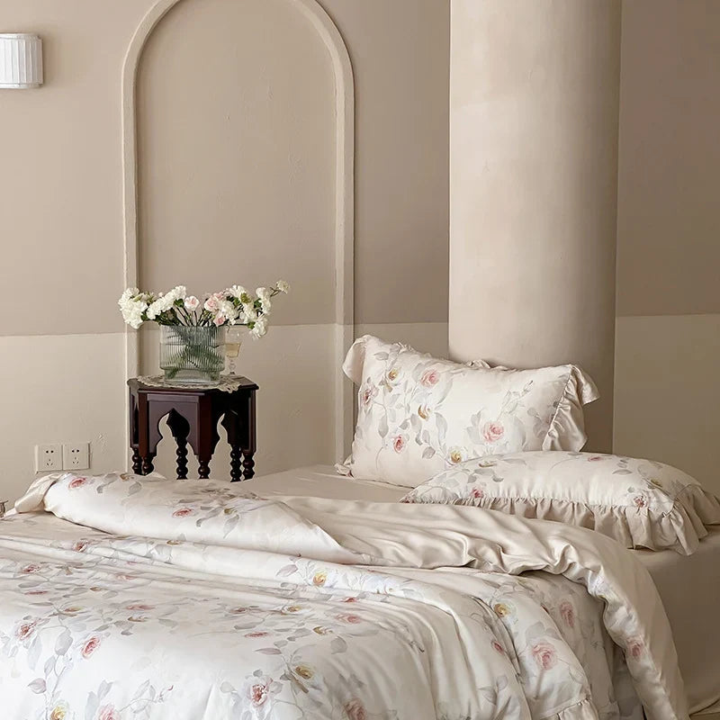 Satin Bedding Set Watercolor Rose Ruffled Shams Machine Washable