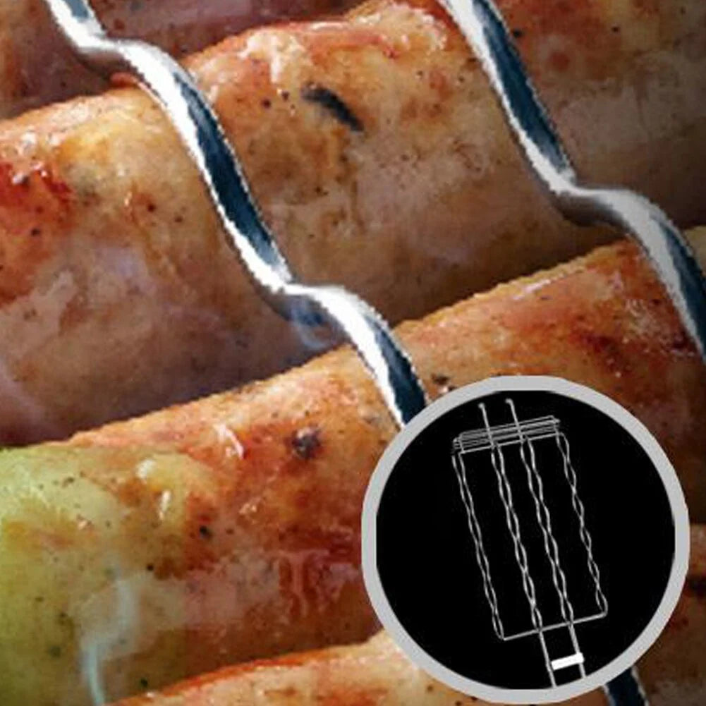 Sausage Grill Basket Lockable Rack Wooden Handle