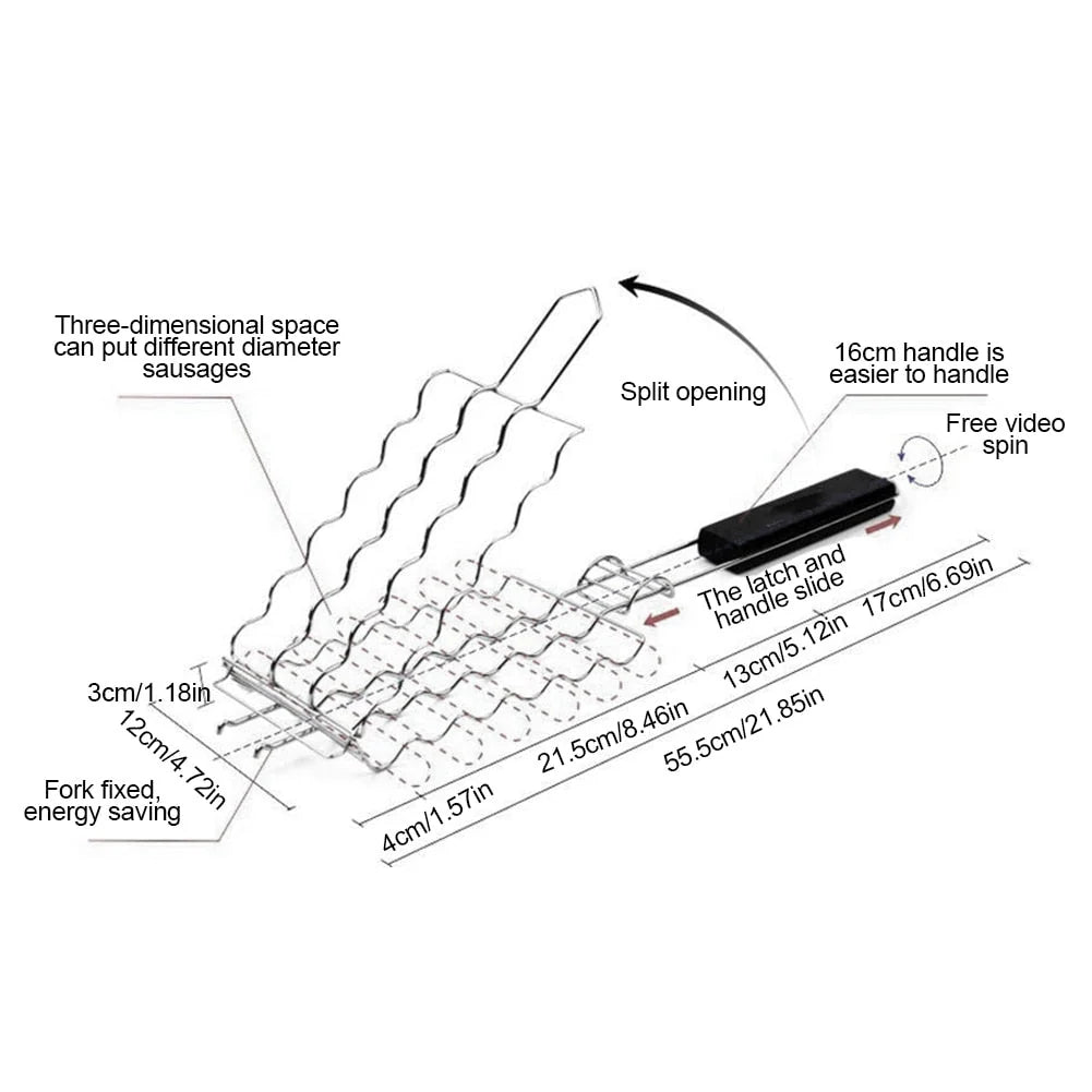 Sausage Grill Basket Lockable Rack Wooden Handle
