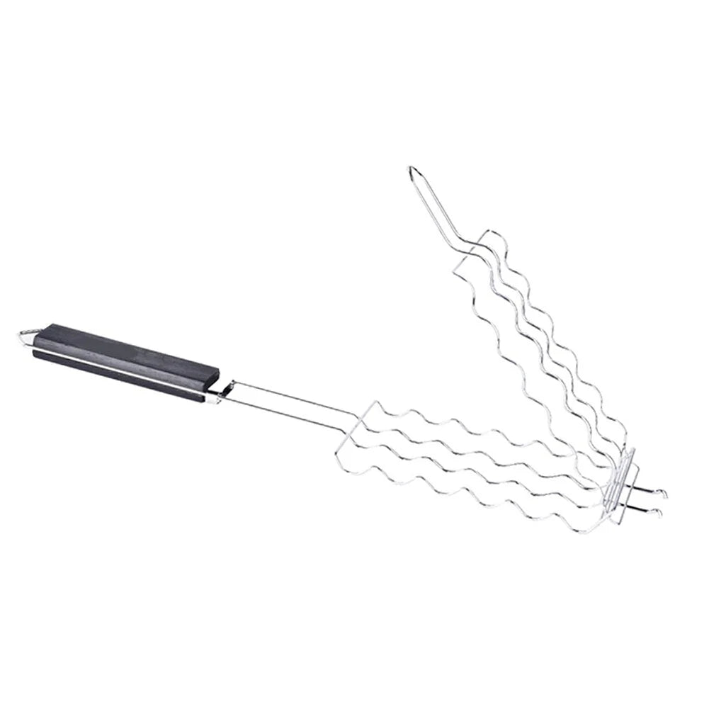 Sausage Grill Basket Lockable Rack Wooden Handle