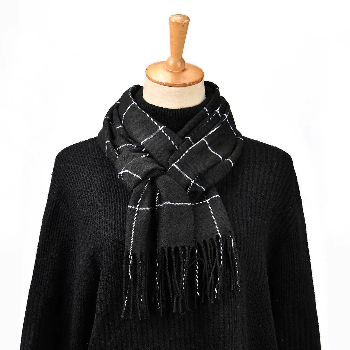 Scarf Cashmere Cotton Blend Plaid Tassel Detail