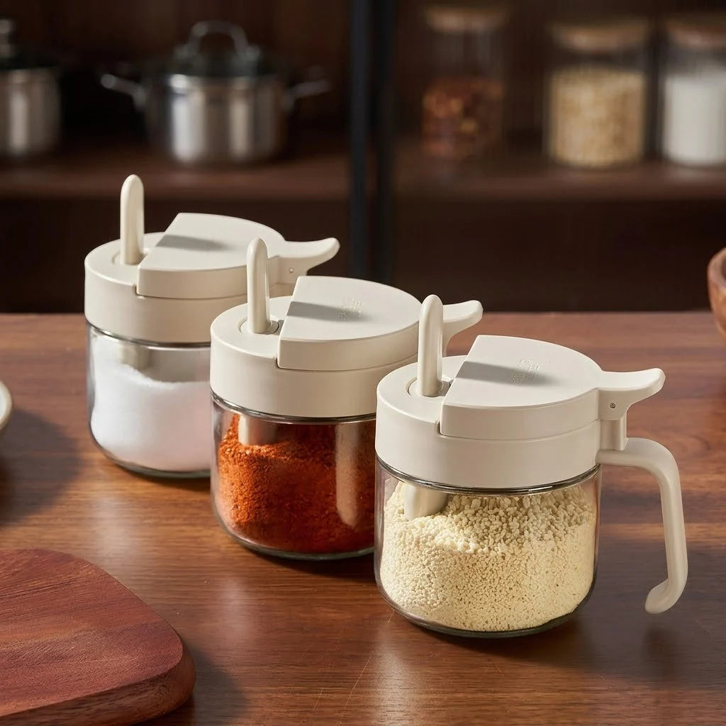Seasoning Jar Glass Built-In Scoop & Airtight Seal