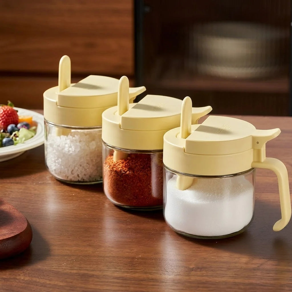 Seasoning Jar Glass Built-In Scoop & Airtight Seal