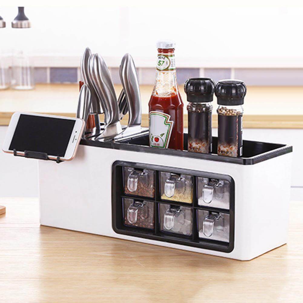 Seasoning Organizer Partitioned Storage With Phone Holder