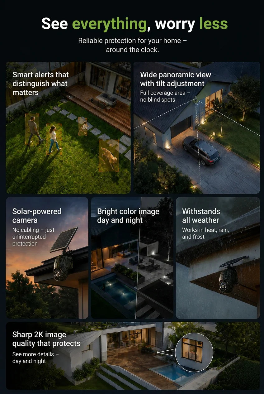 Security Camera Solar-Powered 2K PTZ Color Night Vision