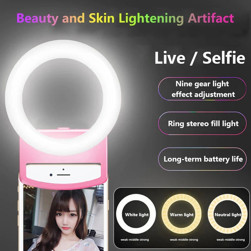 Selfie Ring Light Clip-On 3 Light Colors USB Rechargeable