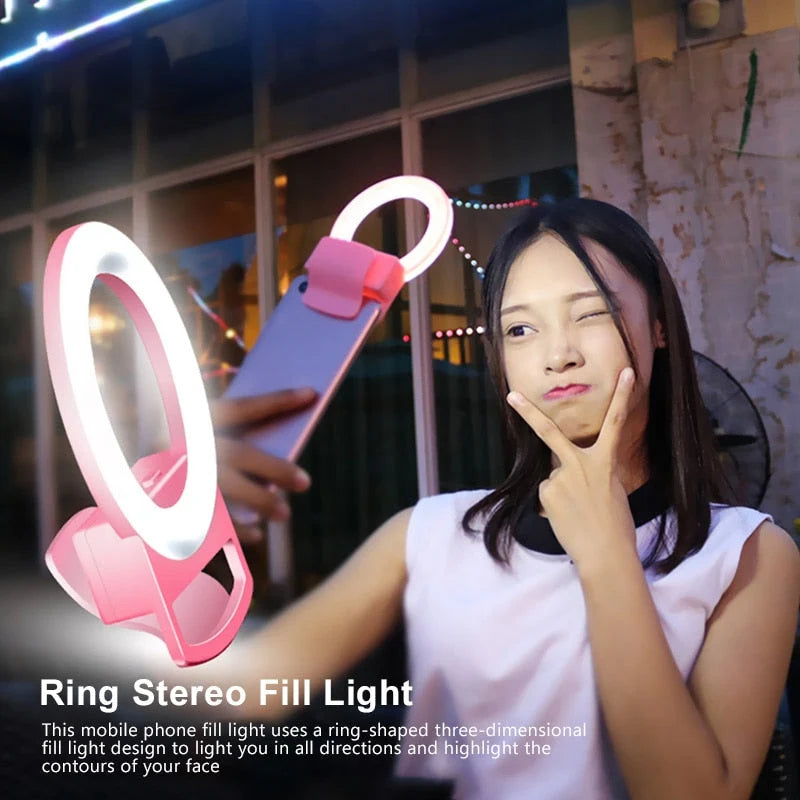 Selfie Ring Light Clip-On 3 Light Colors USB Rechargeable