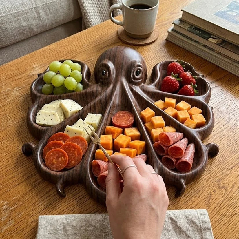 Serving Board Octopus-Shaped Wood Divided Compartments