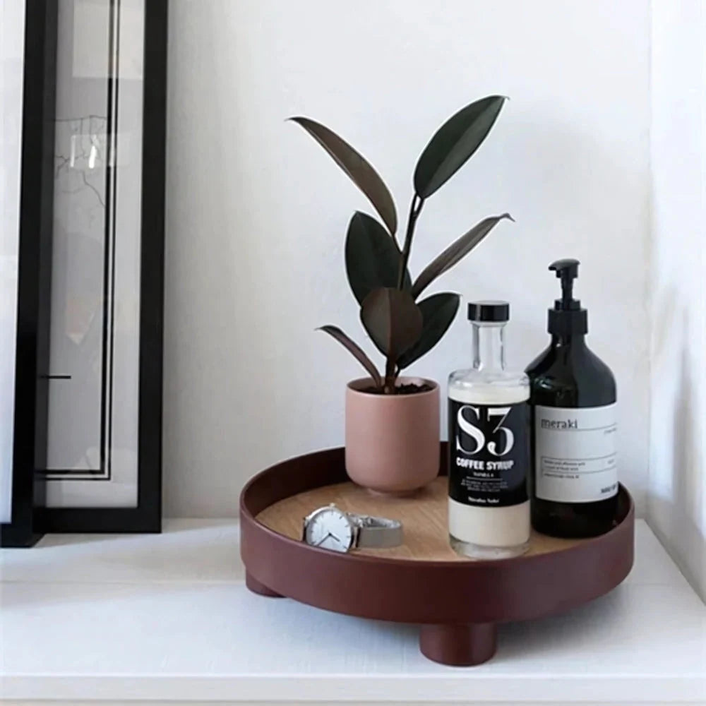 Serving Tray Round Oak Veneer Water-Resistant 12-Inch