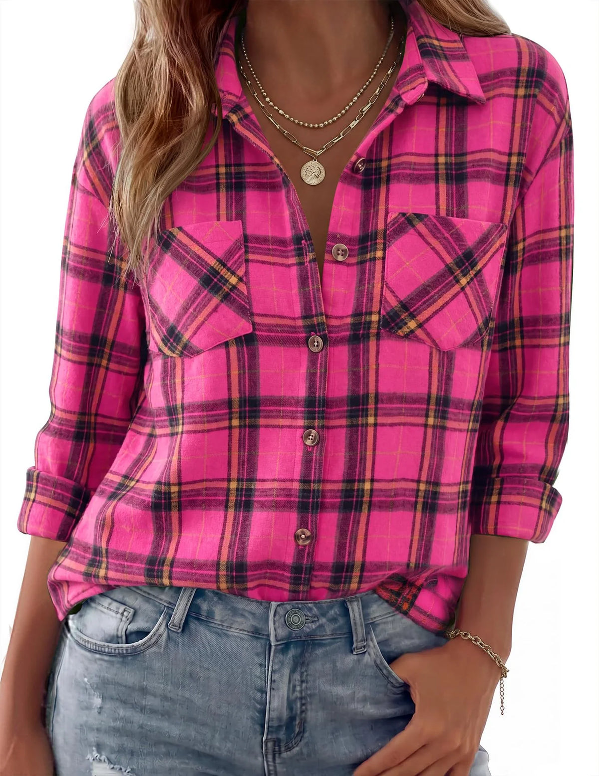 Shacket Soft Flannel Oversized Plaid Chest Pockets