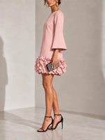 Short Dress 3D Floral Appliqué Hem Flared Long Sleeves