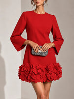 Short Dress 3D Floral Appliqué Hem Flared Long Sleeves