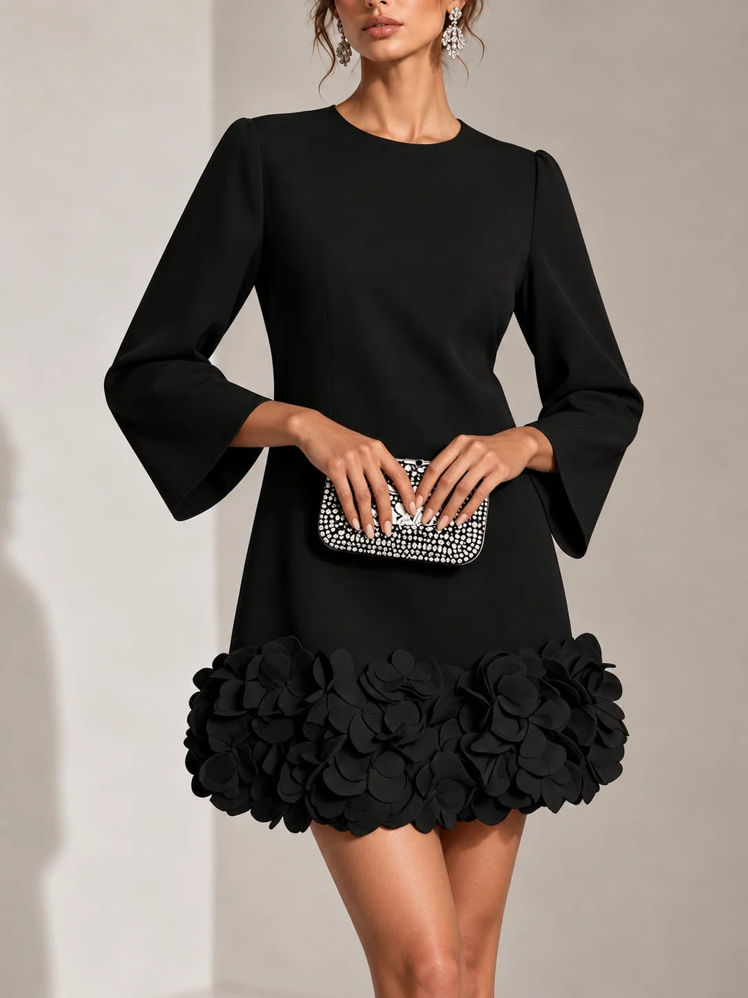 Short Dress 3D Floral Appliqué Hem Flared Long Sleeves