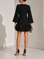 Short Dress 3D Floral Appliqué Hem Flared Long Sleeves