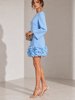 Short Dress 3D Floral Appliqué Hem Flared Long Sleeves