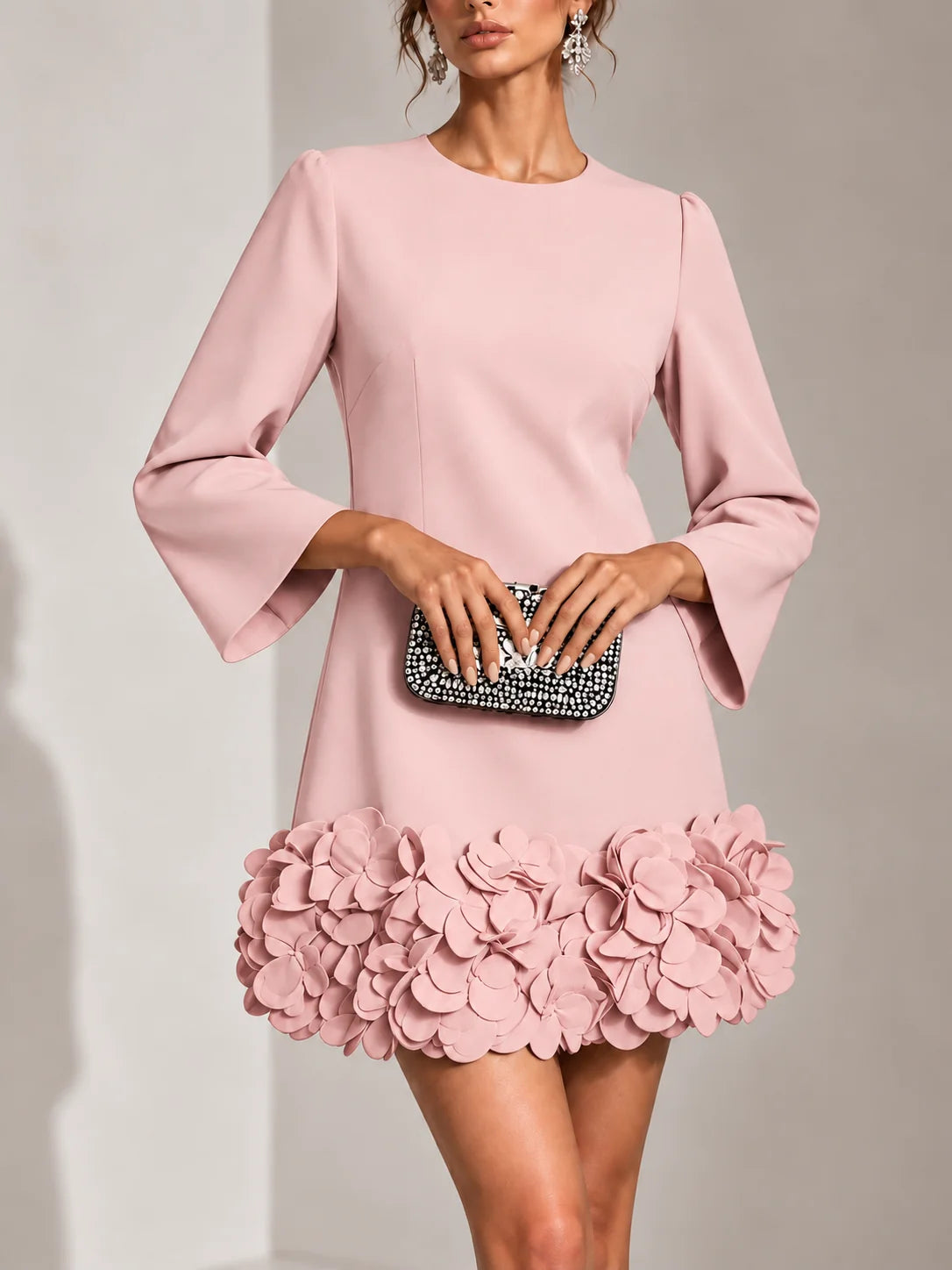 Short Dress 3D Floral Appliqué Hem Flared Long Sleeves