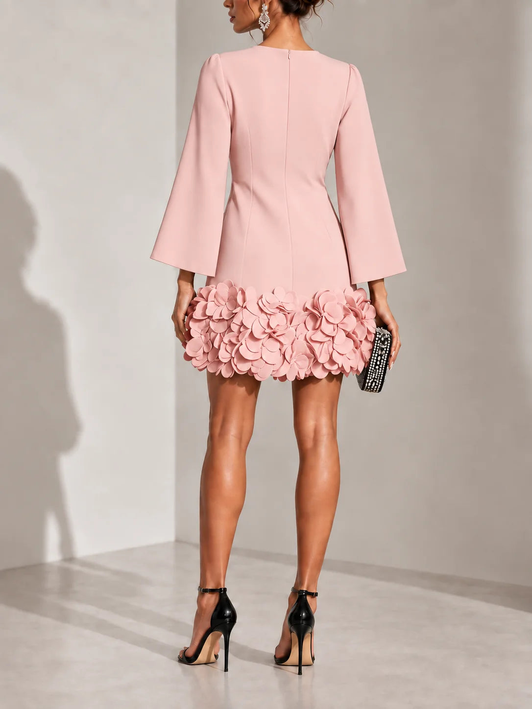 Short Dress 3D Floral Hem Flared Long Sleeves