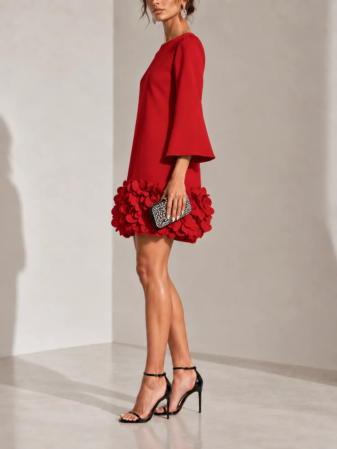 Short Dress 3D Floral Hem Flared Long Sleeves