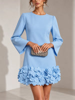 Short Dress 3D Floral Hem Flared Long Sleeves