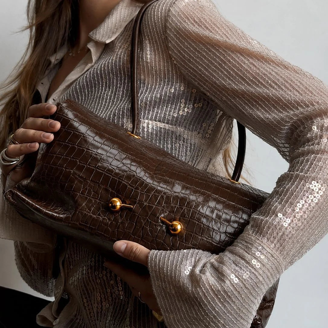 Shoulder Bag Croc-Textured Vegan Leather Spacious Interior