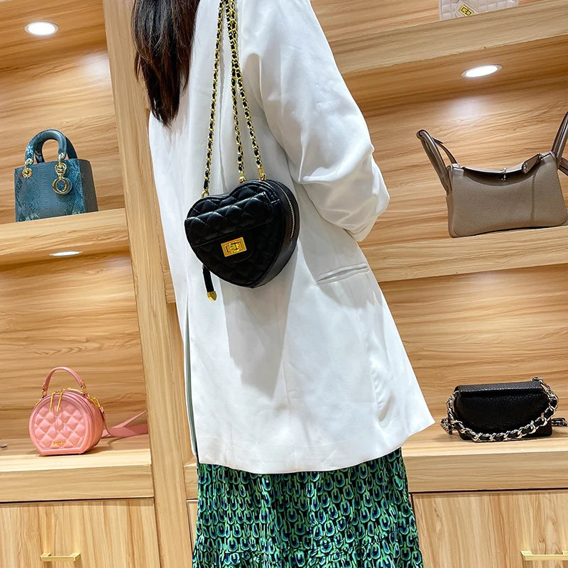Shoulder Bag Heart-Shaped Quilted Adjustable Chain Strap Crossbody Style
