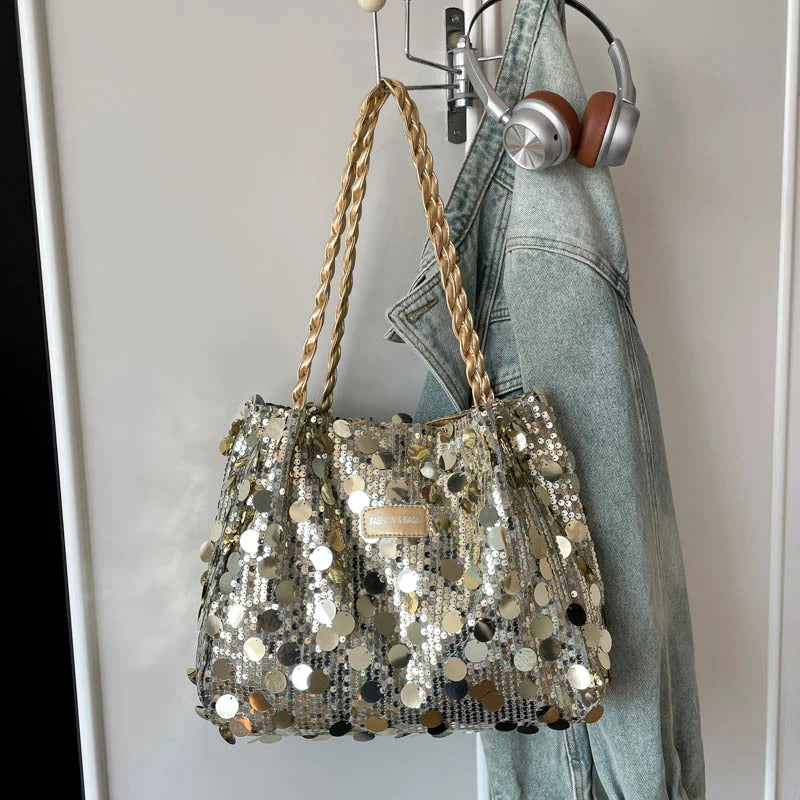 Shoulder Bag Sequin Finish Braided Strap