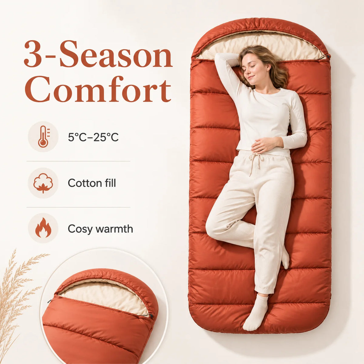Sleeping Bag 3-Season Extra-Wide Lightweight Cotton