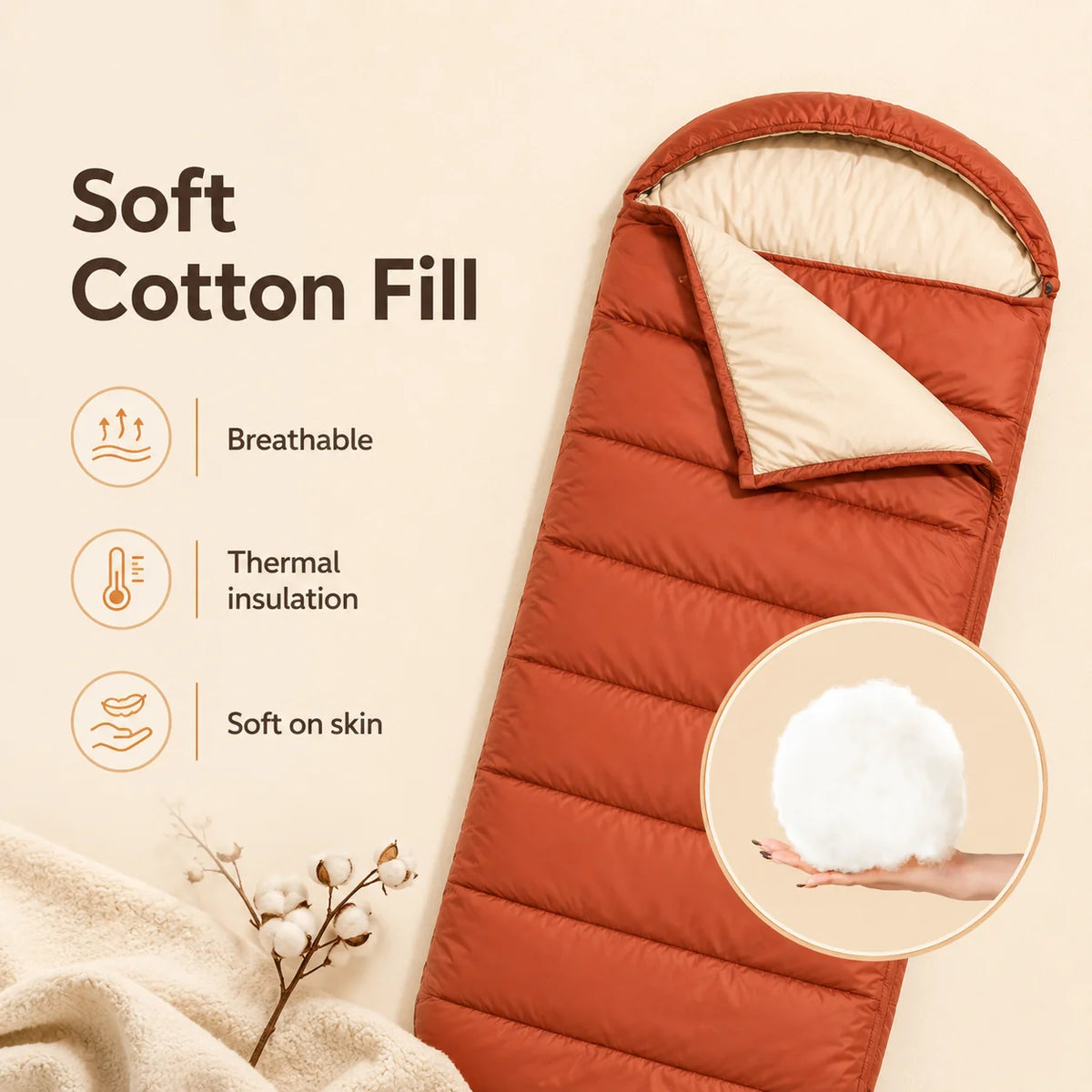Sleeping Bag 3-Season Extra-Wide Lightweight Cotton