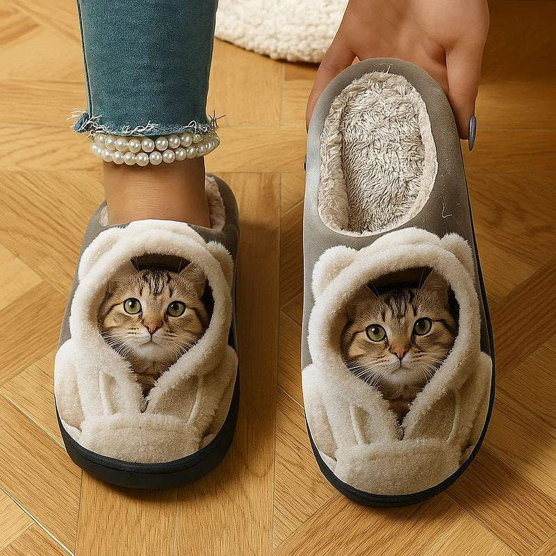 Slippers 3D Cat Design Faux Fur Lining Non-Slip Sole