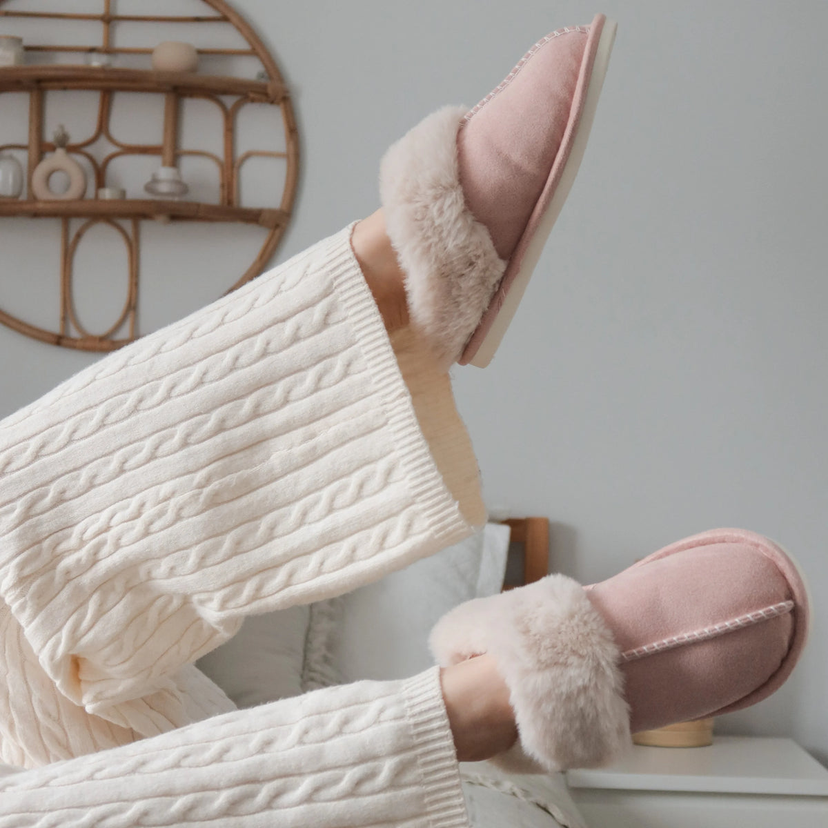 Slippers Plush Faux Fur Upper Rubber Sole Slip-On Design