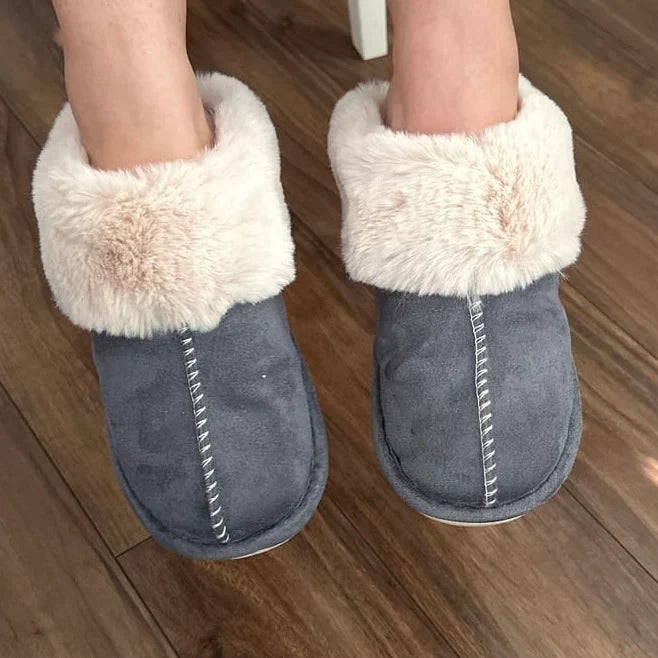 Slippers Plush Faux Fur Upper Rubber Sole Slip-On Design