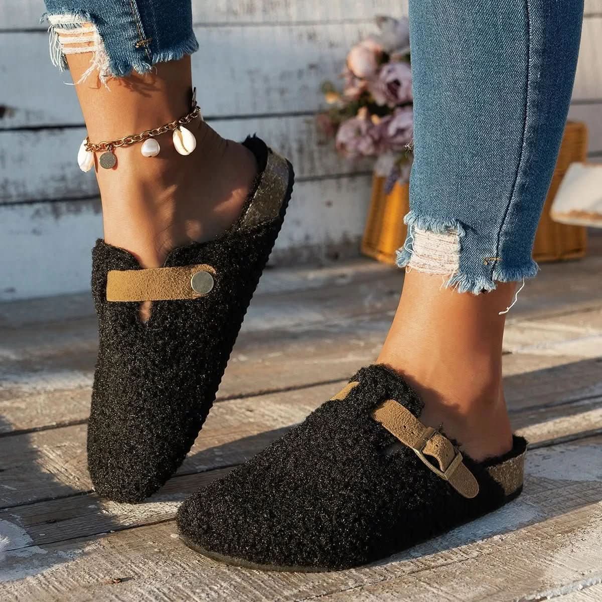 Slippers Plush Lined Open-Back Non-Slip Sole