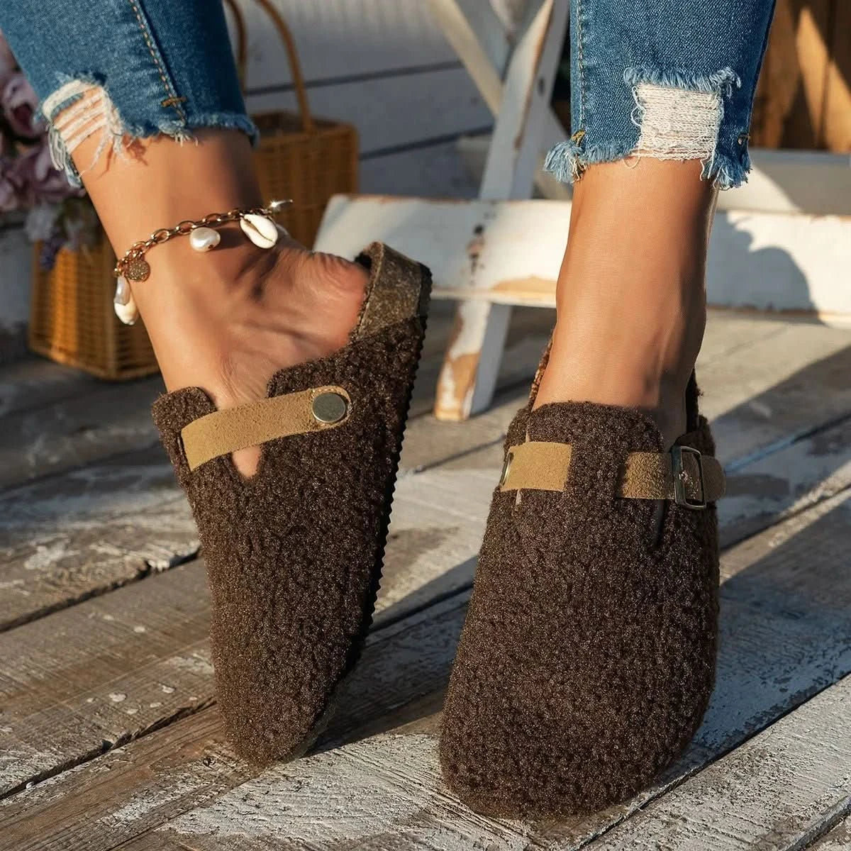 Slippers Sheepskin Lined Non-Slip Rubber Sole Mule Style