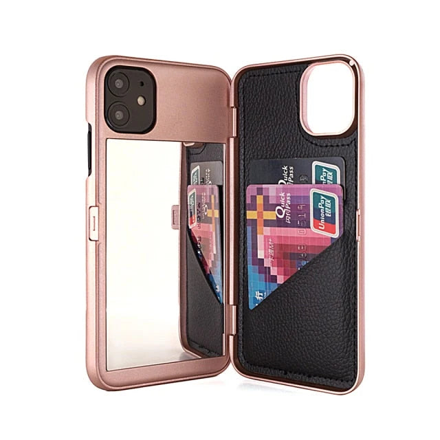 Smartphone Wallet Case Built-In Mirror Card Storage Shock-Resistant Protection