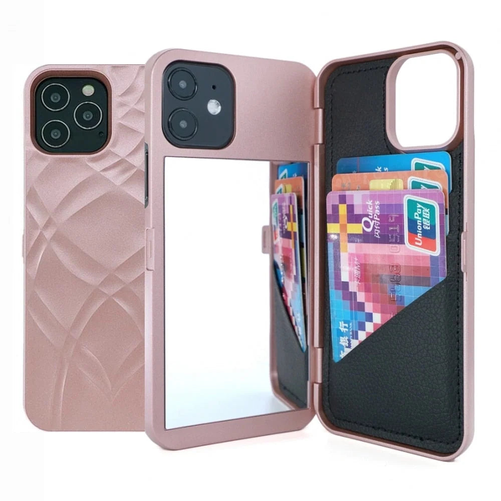Smartphone Wallet Case Built-In Mirror Card Storage Shock-Resistant Protection