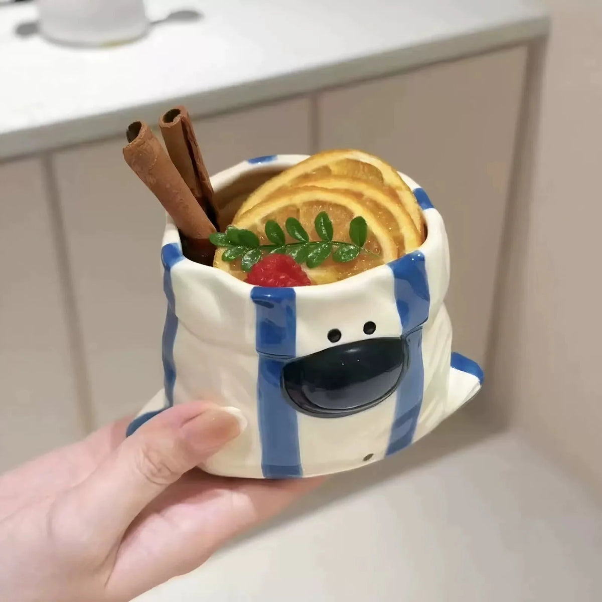 Snack Cup Ceramic Puppy Design Built-In Chopstick Holder