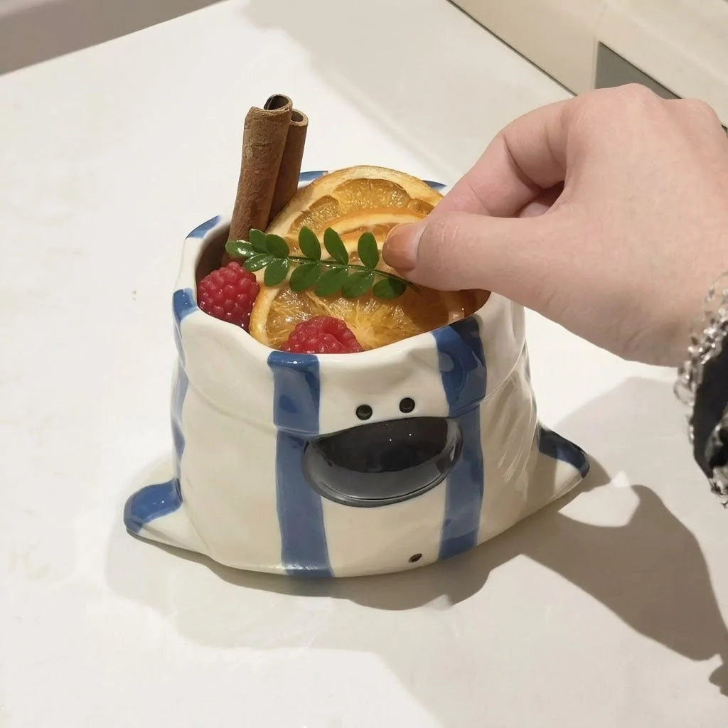 Snack Cup Ceramic Puppy Design Built-In Chopstick Holder